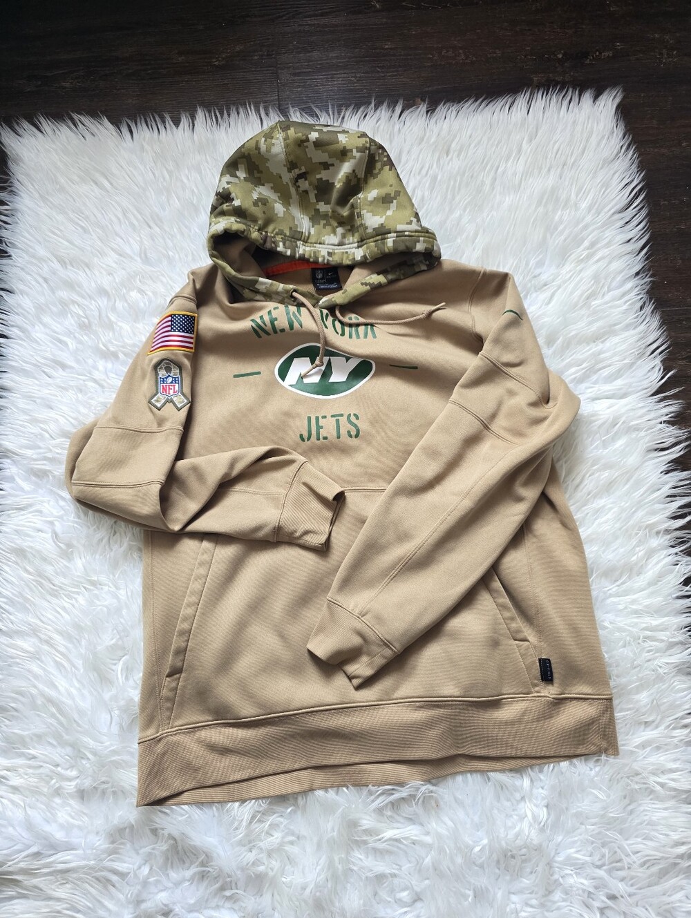 Nike Tan Crewneck Hoodie with Olive Green Logo and Camo Hood